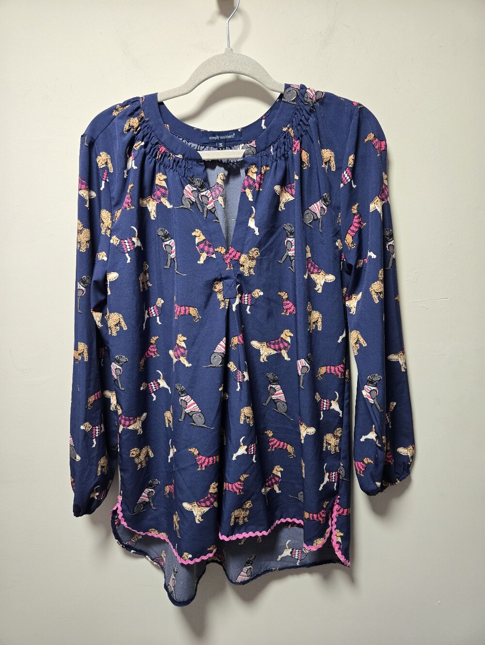 Simply Southern Dog Blouse Size Small Navy Pink